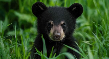 Obraz premium Adorable black bear cub sitting in lush green grass, showcasing innocence and curiosity in a natural woodland habitat