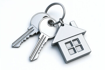 Keys with a house keychain on a white background.