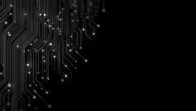 Abstract black background with glowing white circuit lines resembling a digital electronic circuit board.