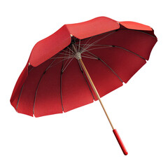 A bright red umbrella with a wooden handle, isolated on white background, ready to provide shade from the sun.  