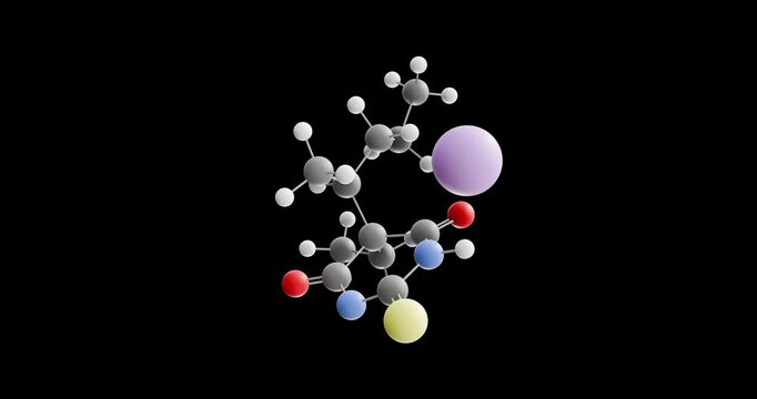 Sodium thiopental molecule, rotating 3D model of general anesthetics, looped video on a black background