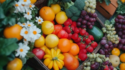 Colorful Fresh Fruits and Vegetables in Basket