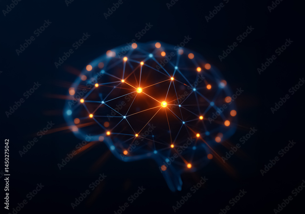 Poster stylized digital brain mesh composed of luminous nodes and lines representing neural activity, machi