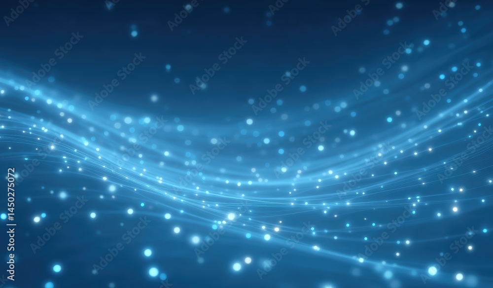 Poster blue glowing particles and light waves flow across a dark background, creating a futuristic and dyna