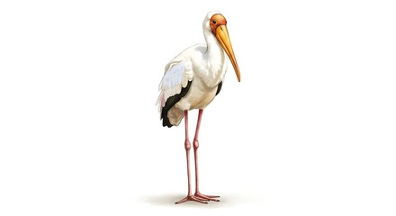 Watercolor illustration of a Yellow-billed stork with white plumage on a white background