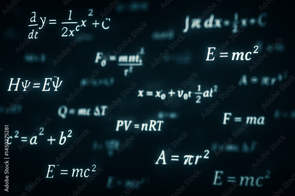 Poster complex scientific and mathematical formulas float in 3d space with a shallow depth of field, glowin