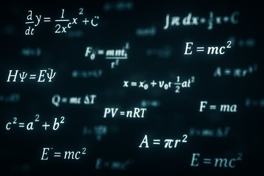 Complex scientific and mathematical formulas float in 3D space with a shallow depth of field, glowing in soft blue light.