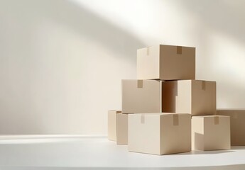 Obraz premium A pile of brown cardboard boxes in a room with light casting shadows on white walls.