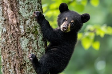 Obraz premium Adorable young black bear climbing a tree in a vibrant green forest during a sunny day, showcasing its playful nature and curious behavior in nature.