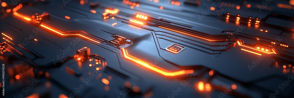Poster digital circuitry glow: the image highlights the intricate lines of a glowing circuit board, evoking