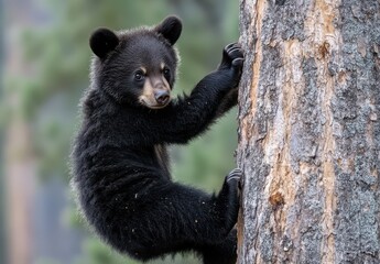 Obraz premium Adorable young black bear cub climbing a tree in natural forest habitat showcasing wildlife beauty and playful behavior in a serene environment