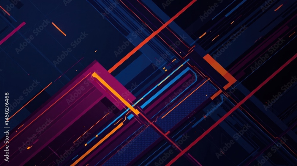 Poster abstract digital art featuring intersecting lines and vibrant color blocks in dark hues