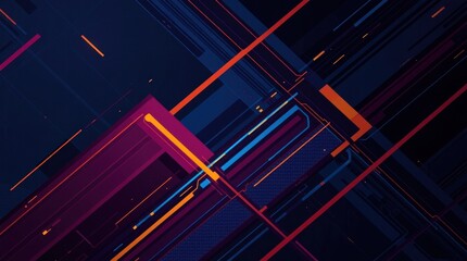 Abstract digital art featuring intersecting lines and vibrant color blocks in dark hues