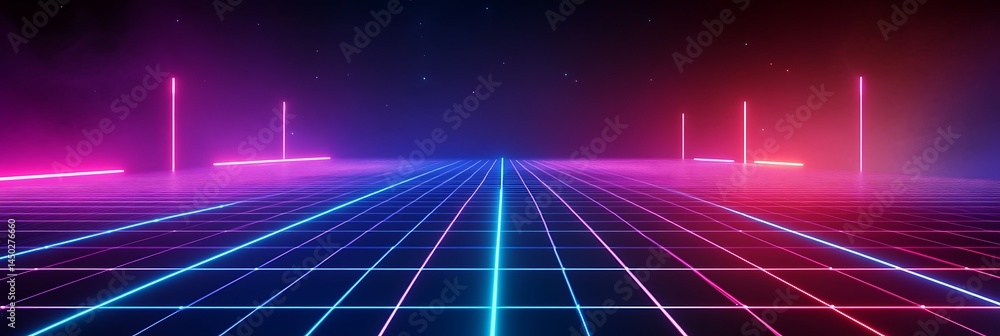 Poster cyberpunk grid: a vibrant, geometric, and futuristic design with a neon grid extending into the dist