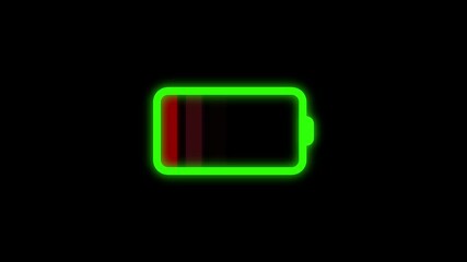 Neon glowing battery icon. Charger, running from red low to green full cell phone battery.