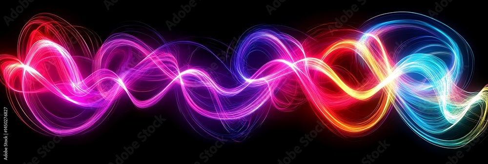 Poster vibrant wave of sound: a mesmerizing display of light in a vivid spectrum of colors, shaped into a f