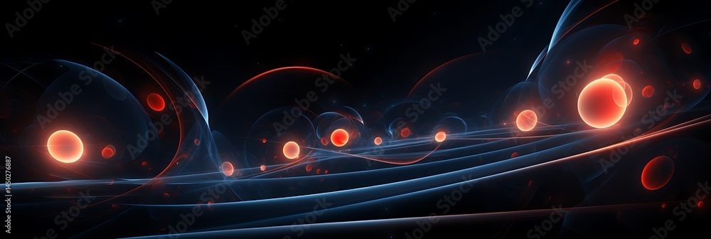 Poster cybernetic symphony: an abstract, digital rendering of a futuristic scene, featuring glowing orbs of