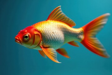 Obraz premium Metallic goldfish, vibrant scales, blue backdrop, wildlife, holding