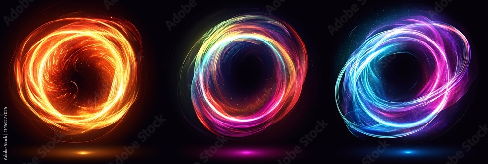 Poster abstract light circles: a vibrant trio of abstract light circles, each radiating a unique spectrum o