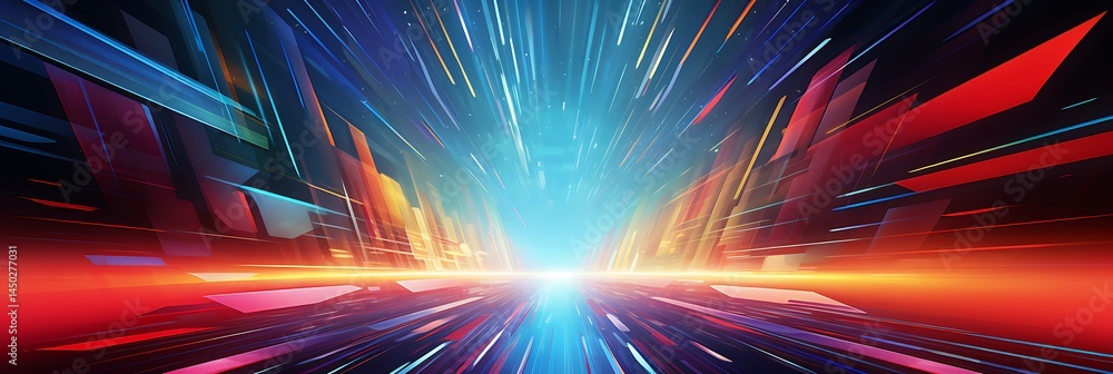 Poster abstract technological passage: a vibrant, dynamic display of light and energy bursts forward, creat
