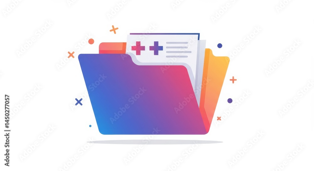 Poster colorful data folder icon with medical records and abstract elements surrounding