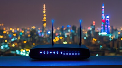 Modern wireless router with glowing led lights against a blurred cityscape backdrop