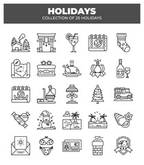 Collection of 25 Holidays. Festive Travel. Winter & Summer Vacation Icons