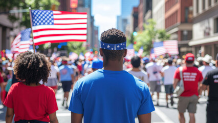 A vibrant street parade independence day of united state with people in red, white, and blue costumes, waving flags and marching bands, set in a bustling city.