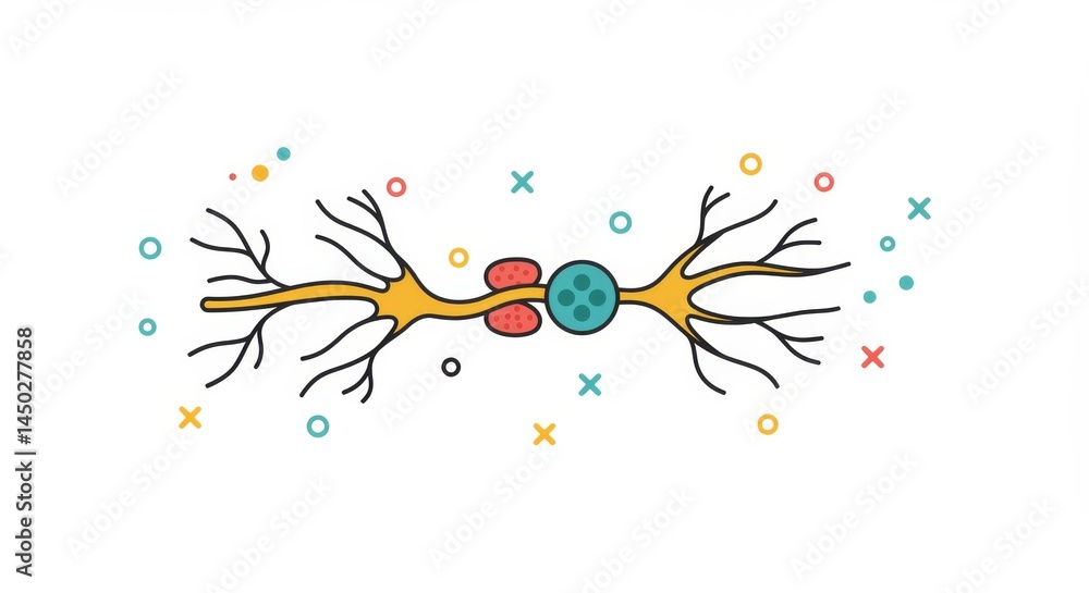 Poster stylized neuron illustration portraying cellular communication in neural networks