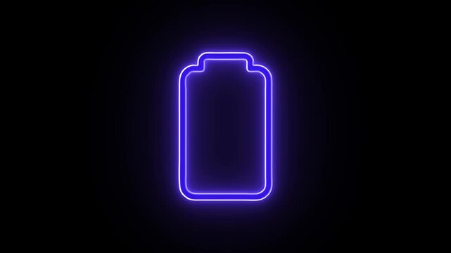 Neon glowing battery charging icon animation. Charger, running from low to full cell phone battery. Glowing neon line Battery icon animated video.
