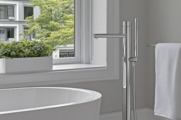 Modern bathroom with a freestanding tub and a chrome faucet.  Large window with city views.  Potted plant on windowsill.  Sleek design, clean lines