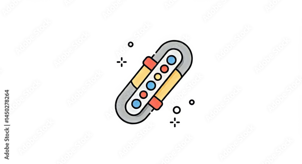 Poster unique capsule-shaped, multi-colored design on white backdrop with subtle sparkles