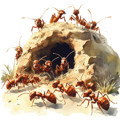 Group Of Prehistoric Ants Building A Nest, watercolor vector, isolated on a white background.