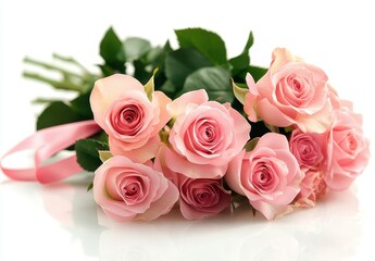 Naklejka premium Beautiful Arrangement of Fresh Pink Roses with Green Leaves and a Pink Ribbon on a Bright White Background for Floral Celebrations and Events