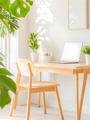 A light and airy home office with a wooden desk, chair, and plants