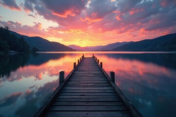 Obraz premium Ancient pier extends into still lake, sunrise hues paint sky and water , rays, picturesque
