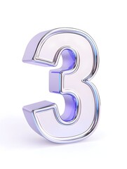 Fototapeta premium A metallic, three-dimensional number three with a light purple inner glow and a silver border, set against a white background