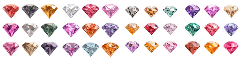 Fototapeta premium A collection of colorful diamond gemstones in various shapes and sizes. long_title:An assortment of sparkling, multifaceted diamond-shaped gemstones