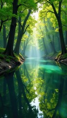 Naklejka premium Mirrored trees, wavy water surface, dappled light, pond, photography, serene