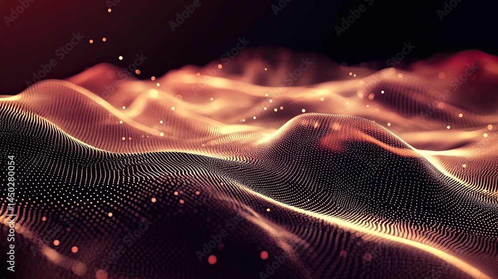 Poster golden particle landscape, a luminous abstract terrain with dynamic lighting