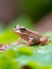 Obraz premium A small, light brown frog with dark stripes sits on a vibrant green leaf