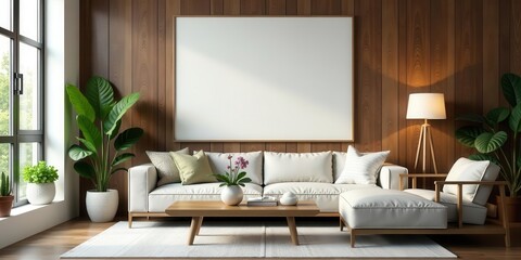 Modern Minimalist Living Room Interior Design with Large Blank Canvas and Wooden Accents
