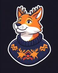 A smiling fox with antlers wears a blue sweater with a reindeer pattern
