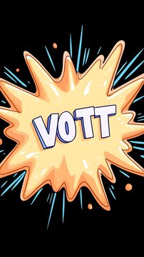 A stylized, light-orange explosion graphic with bold, white lettering spelling VOTT