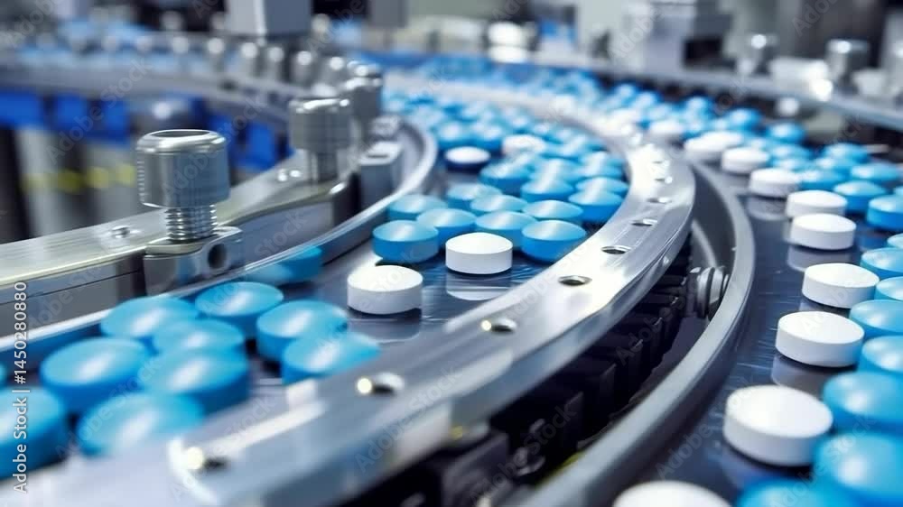 Poster close-up of blue and white pills moving along a silver conveyor belt in a factory setting. the image