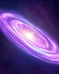 A vibrant, purple galaxy with a bright core, swirling in a vast dark space, dotted with distant stars