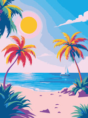tropical beach with palm trees vector illustration
