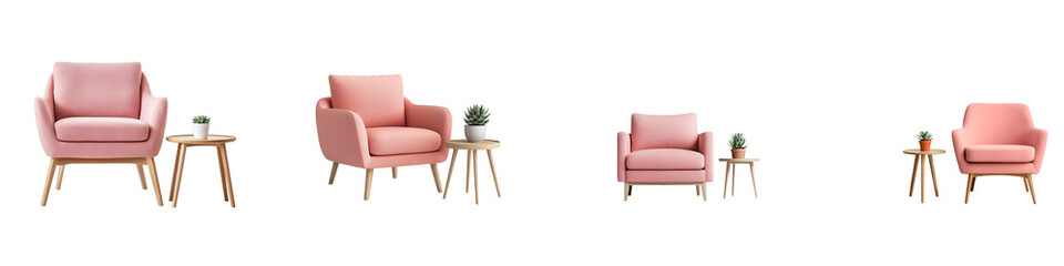 Modern pink furniture and chairs in a cozy living room setting.