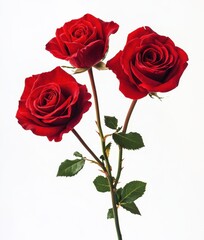 Beautiful Arrangement of Three Vibrant Red Roses with Lush Green Leaves on a White Background for Romantic or Floral Themes