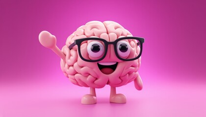 A cheerful cartoon brain character wearing glasses is waving with one hand. The bright pink background enhances the playful and friendly appearance of the character